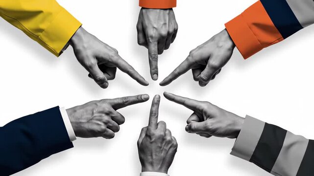 Diverse team pointing fingers toward a central point creating a dynamic collaboration