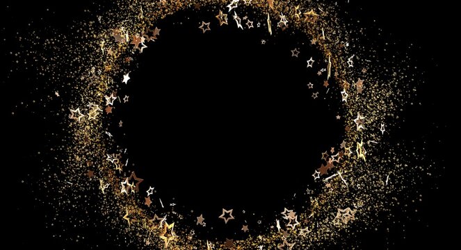 Elegant gold glitter stars arranged in a circular frame against a dark backdrop. Ideal for festive designs, luxury themes, a