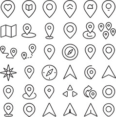 Collection of navigation and location icons for maps and travel, line art Vector