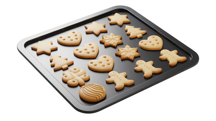 A baking sheet filled with freshly baked christmas cookies in various festive shapes isolated on transparent background