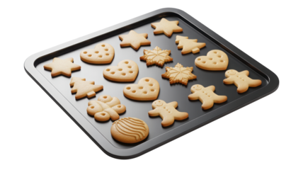A baking sheet filled with freshly baked christmas cookies in various festive shapes isolated on transparent background