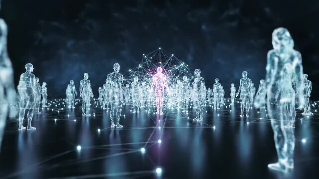 Futuristic digital avatars connecting within a virtual network for innovation concepts