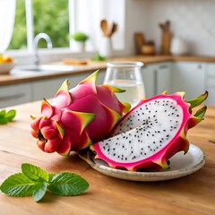 Whole and Sliced Dragon Fruit on Plate in Bright Kitchen