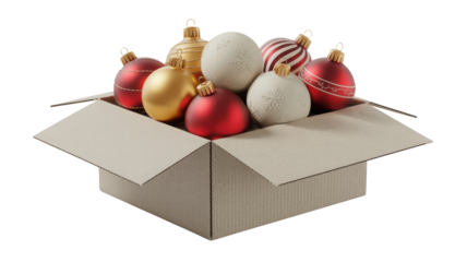 A cardboard box filled with various christmas ornaments including red gold and striped baubles isolated on transparent background