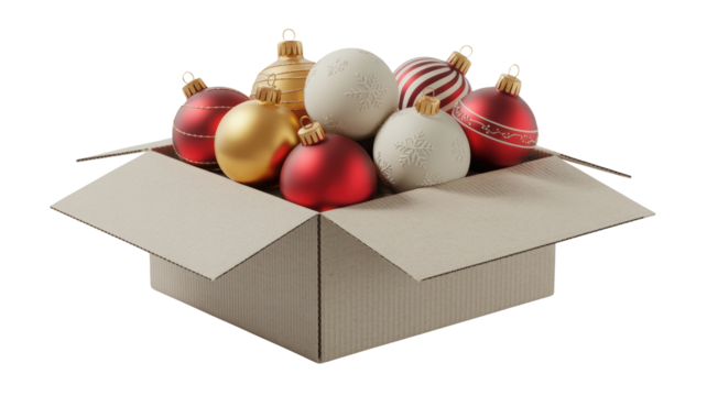 A cardboard box filled with various christmas ornaments including red gold and striped baubles isolated on transparent background