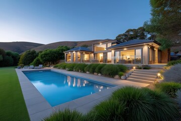 Obraz premium Modern luxury home with pool at dusk amidst rolling hills