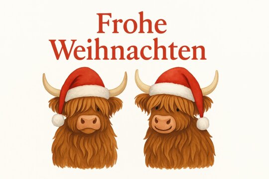Festive Highland Cows in Santa Hats Spreading Holiday Cheer with a 'Frohe Weihnachten' Wish for a Joyous Celebration of Christmas Spirit