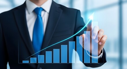 Businessman analyzing financial growth chart with futuristic interface