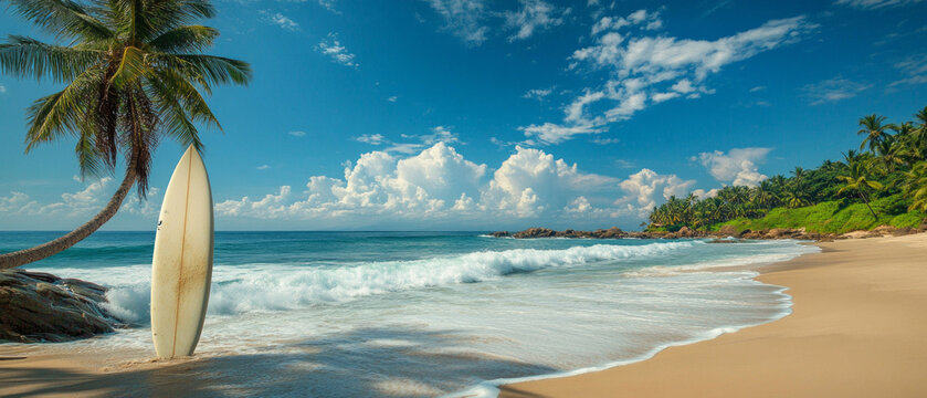 A surfboard stands under a palm tree on a sandy beach, symbolising relaxation and freedom, ideal for an atmospheric backdrop for travel advertising or summer relaxation.
