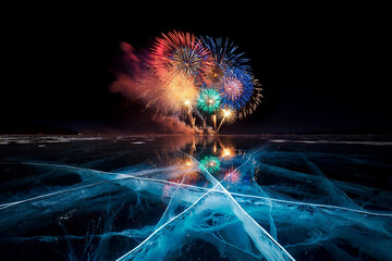 New Year fireworks reflected on a frozen lake with glowing ice cracks forming geometric patterns