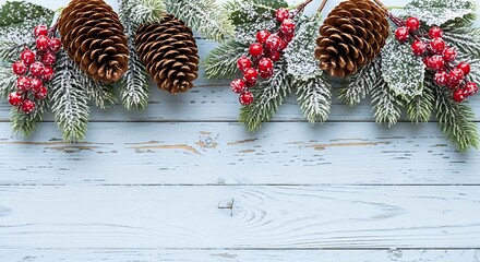 Festive christmas arrangement with pine cones and red berries adorns a rustic wooden surface, creating a warm and inviting holiday atmosphere.