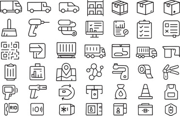 Logistics and delivery icons: transport, package, qr code, tools, and more Vector