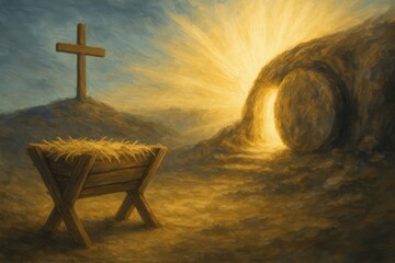 An Artistic Representation of the Birth and Resurrection Theme Featuring a Cross, Manger, and Sunrise Over an Empty Tomb