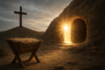 A Serene Scene of a Manger with Hay at Sunrise Next to a Cave Entrance Illuminated by Light with a Cross in the Background
