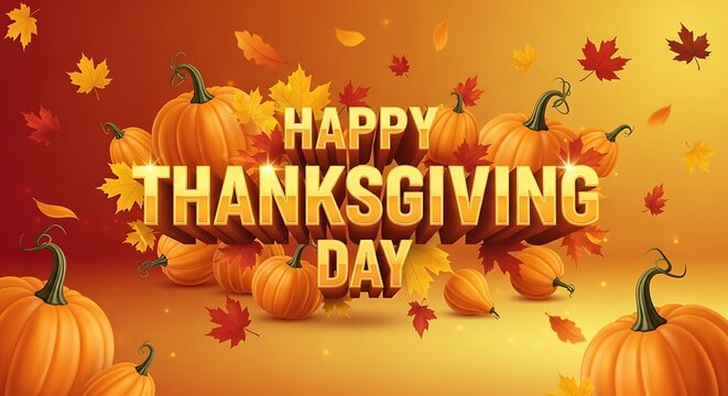 Happy Thanksgiving Day Festive Autumn Greeting with Pumpkins and Leaves