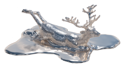 Liquid Metal Stag Melting Into Puddle, Futuristic 3D Sculpture