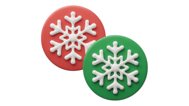 Two festive oval shaped christmas cookies decorated with white snowflake icing isolated on transparent background