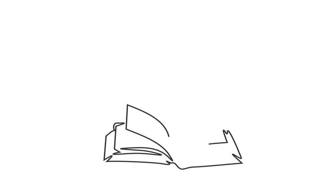 Animated self drawing of continuous line draw of open book with speech bubble. Full length one line animation. 4K