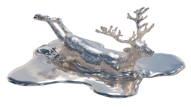 Liquid Metal Stag Melting Into Puddle, Futuristic 3D Sculpture