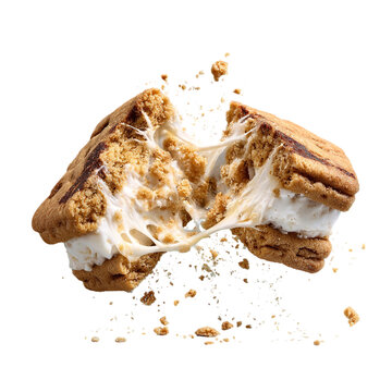 Gooey smores cookie sandwich broken in half, revealing melted marshmallow and chocolate chips, with crumbs falling, isolated on transparent background