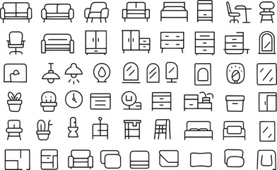 Collection of line icons representing furniture and home decor items Vector