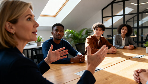 confident business leader speaking to diverse colleagues during collaborative team meeting in modern office conference room