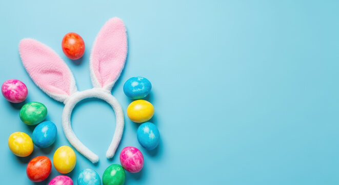 colorful dyed easter eggs arranged in a circle around fluffy bunny ears headband on bright blue pastel background with copy space - Powered by Adobe