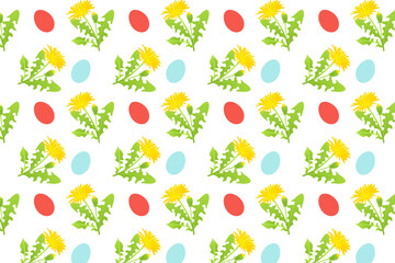 Seamless pattern with cheerful dandelions and colorful Easter eggs on a white background. Perfect for spring, Easter-themed designs, fabric, or wrapping paper.