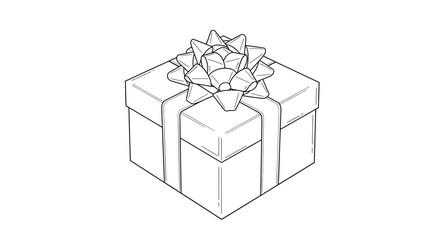Simple line art gift box with star bow on white background