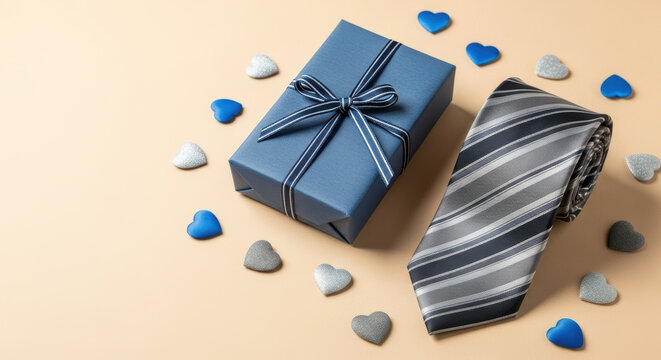 Elegant striped necktie and wrapped gift box surrounded by blue and silver hearts on pastel background for celebration and appreciation