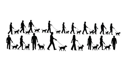 People walking dogs silhouettes isolated on white background, Vector