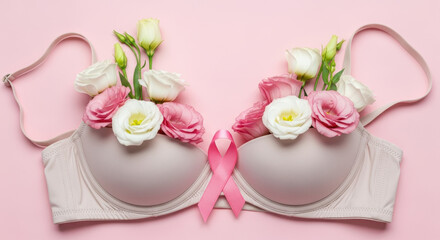 Soft pink bra with blooming flowers and awareness ribbon symbolizing feminine health support and breast cancer prevention concept