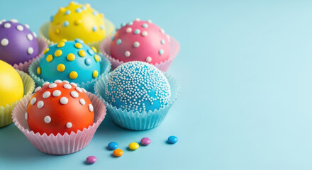 Colorful pastel frosted cake balls with sprinkles arranged in paper cups on blue background with copy space for party dessert concept