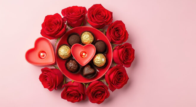 Romantic flat lay with red roses, assorted luxury chocolates and heart shaped candles on soft pastel background for valentine celebration