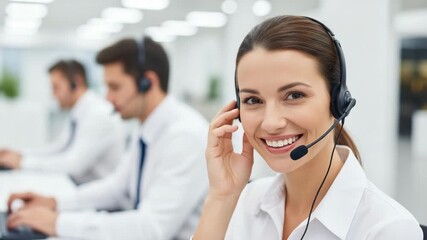 Friendly female customer service agent with headset - Powered by Adobe