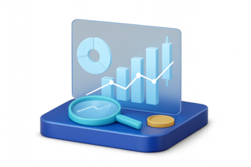 business graph on tablet pc - 3D data analytics illustration with charts, magnifying glass, and coin on blue platform