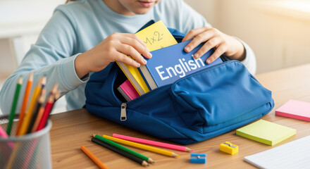 schoolgirl organizing colorful notebooks in backpack while studying english language at wooden desk with stationery supplies at home