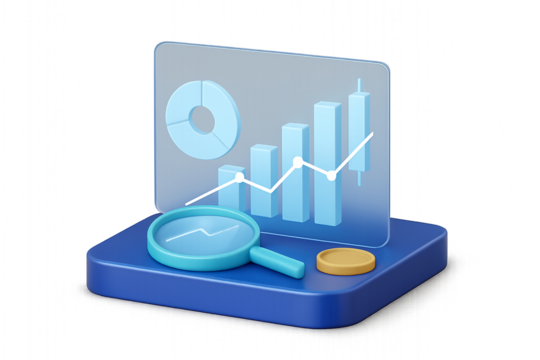business graph on tablet pc - 3D data analytics illustration with charts, magnifying glass, and coin on blue platform