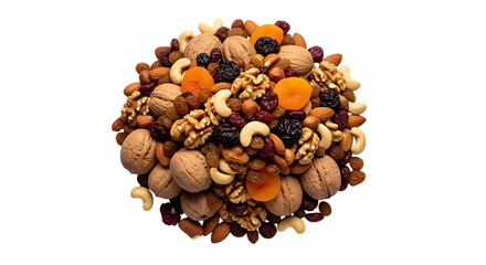 Obraz premium Mix of nuts and dried fruits isolated on transparent background, healthy snack