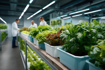 Vertical farm aquaponics sustainability agriculture hydroponic plant growing indoor facility. Scientist showing satisfied feeling while inspecting