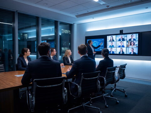 Business team in a corporate office boardroom participating in a hybrid video conference meeting with remote colleagues on a large screen.