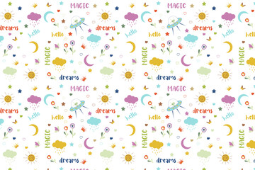 Whimsical seamless pattern with UFOs, moons, clouds, stars, hearts, and "hello," "dreams," "magic" text. Bright, playful design for kids or fantasy themes.