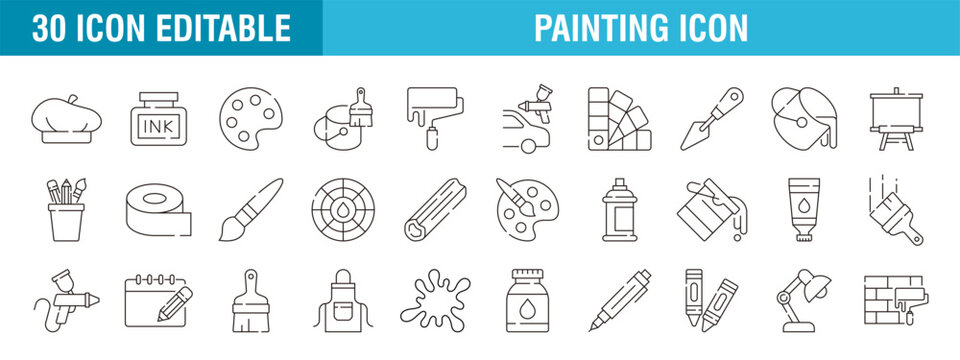 Collection of painting related icons, various painting tools, paint icons icon template editable resizable EPS 10