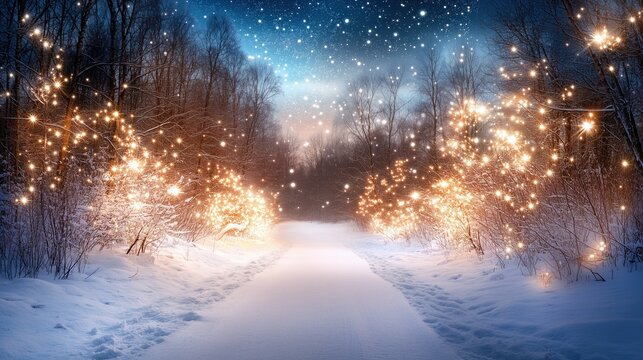 Magical winter path illuminated by twinkling lights under a starry night sky, a festive and enchanting forest scene