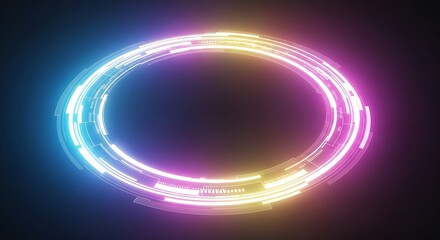 Dynamic neon circle interface glows. Perfect for technology backgrounds, modern design projects, or futuristic presentations. Use this vibrant design to add energy!