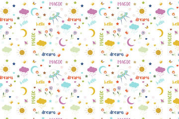 Whimsical seamless pattern with UFOs, moons, clouds, stars, hearts, and 