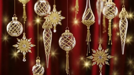 Elegant gold christmas ornaments hanging against a rich red curtain backdrop create a festive holiday scene - Powered by Adobe