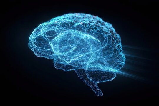 Glowing digital human brain hologram made of blue data lines on black background. Concept of artificial intelligence, neurology, and future technology