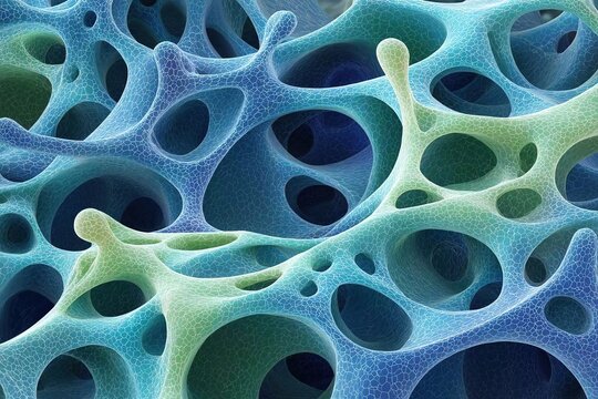 Abstract 3D illustration of porous organic mesh structure with blue and green colors. Concept of bone trabeculae, sponge texture, or microscopic biology