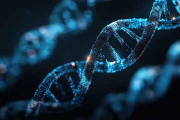 Futuristic digital DNA double helix structure made of glowing blue particles. Concept of biotechnology, genetic engineering, and science data